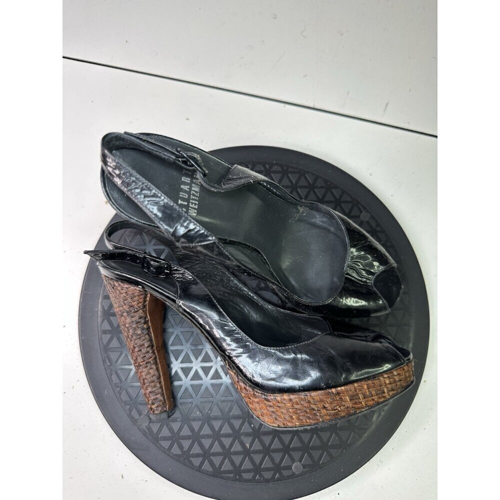 Stuart Weitzman Black Patent Slingback Peep Toe Sandals Sz 8 M